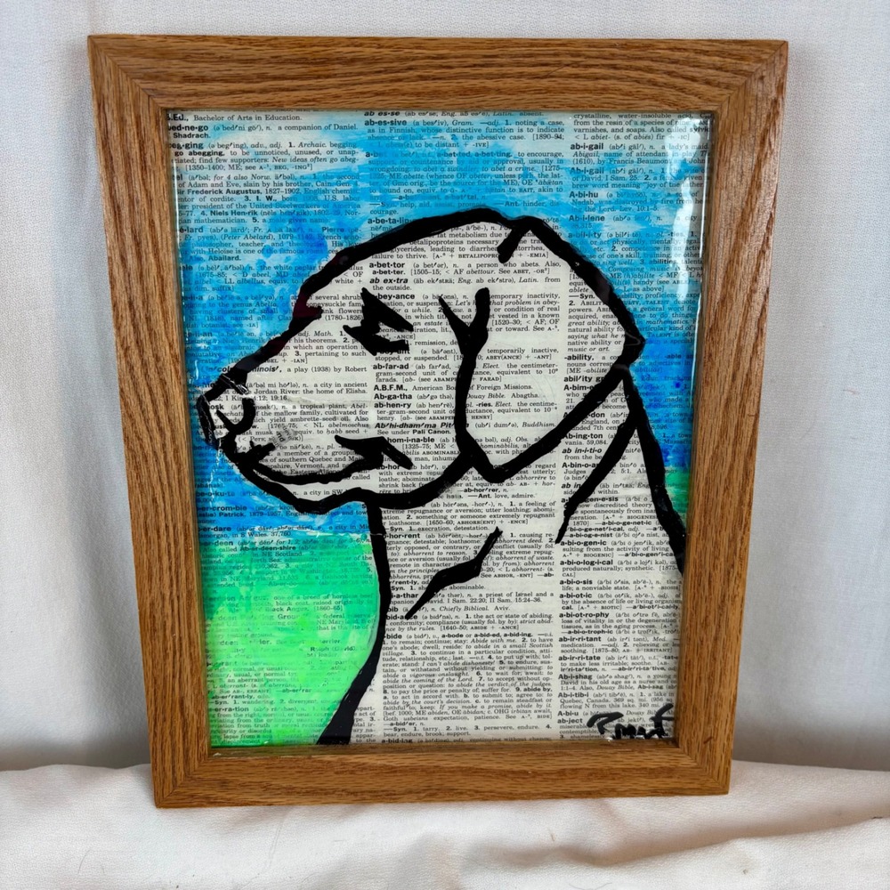 Original Labrador Dog Portrait Mixed Media Dictionary Page Art Framed 8x10